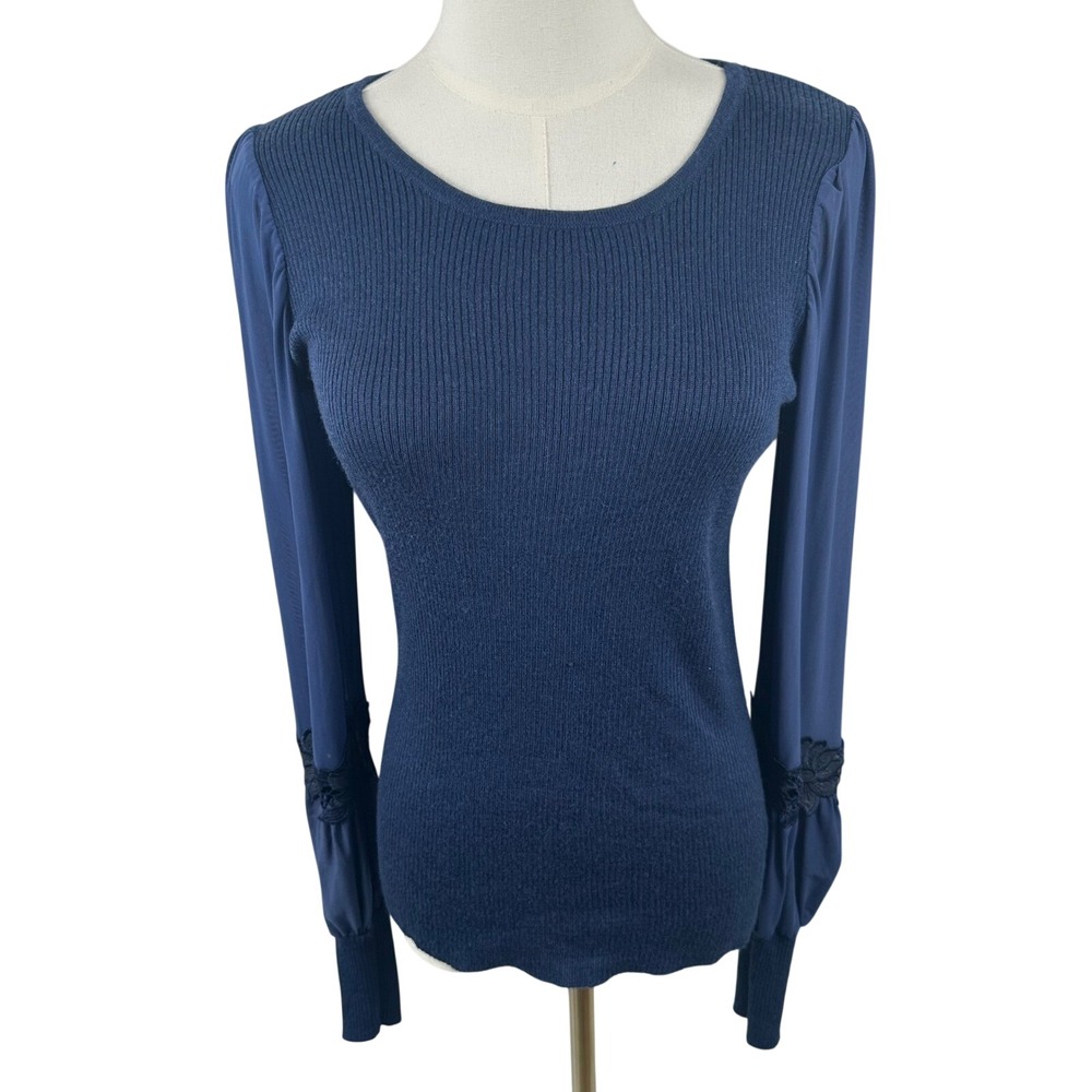 Coquette Sheer Puff Sleeve Sweater Women M Blue Ribbed Knit Lace Trim Top Jumper